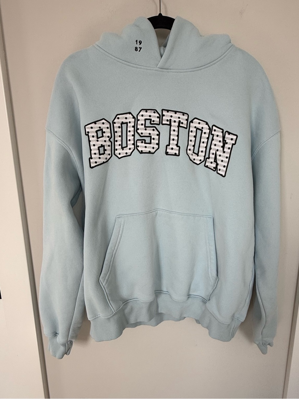 Light Blue Hoodie Sweater with Boston Appliqué